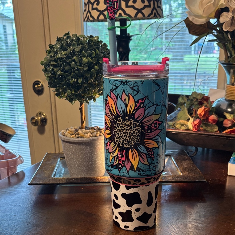 Floral and Cow Print Tumbler with Straw